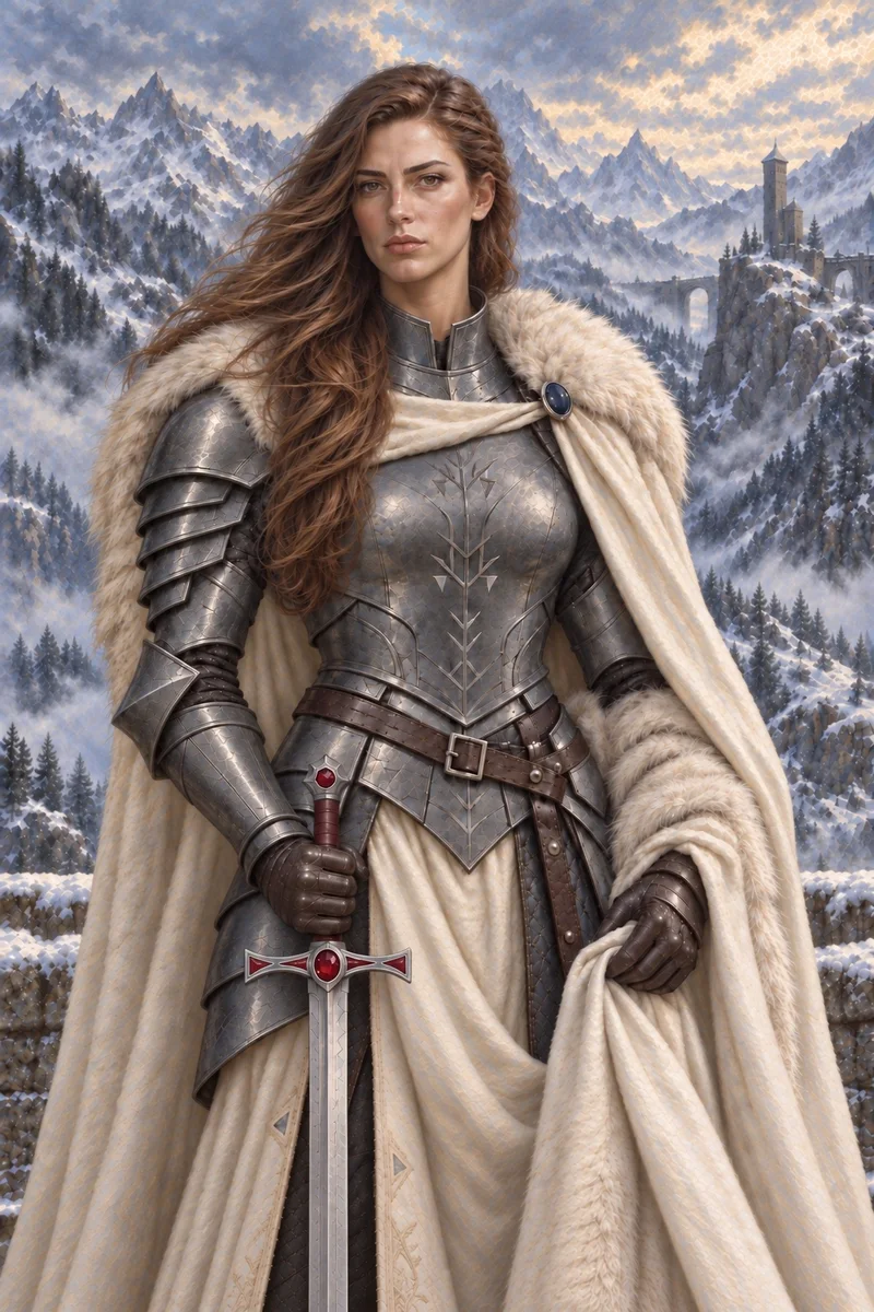 Aurelia, die Frostwächterin, vor verschneiten Bergen